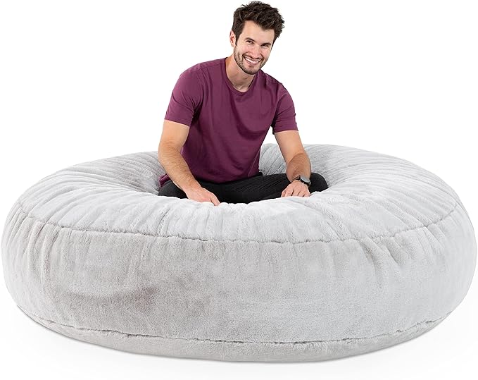 Jaxx 6 Foot Cocoon - 2-in-1 Convertible Bean Bag Bed & Large Bean Bag Chair for Adults - Premium Faux Fur, Silver Rabbit