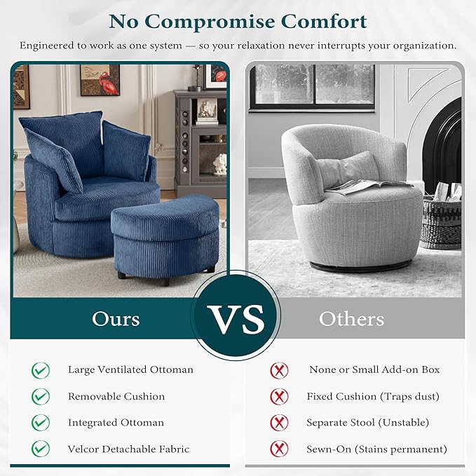 Chorlenimi Swivel Accent Chair Round Barrel Armchair Upholstered Living Room Chair Corduroy Reading Chair Single Sofa Chair for Bedroom Apartment Office (Blue, Upgrade 1Seater+ Ottoman)