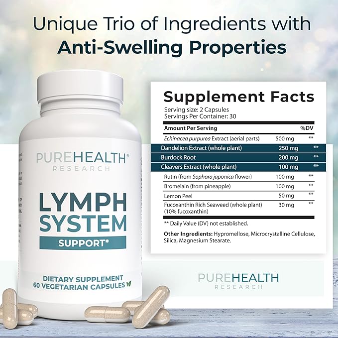 PUREHEALTH RESEARCH Lymph System Support - Lymphatic Drainage Supplement for Women & Men - Bromelain, Echinacea, Dandelion, Burdock Root, Lemon Powder, Kelp, Rutin, Cleavers & More - 360 Capsules