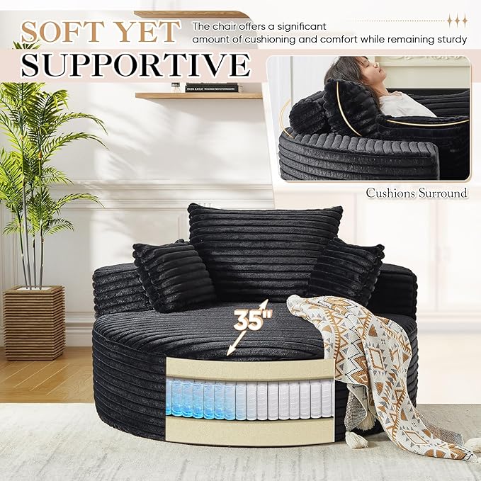 JEEOHEY Modern Round Accent Sofa Chair for Living Room, Upholstered Corduroy Barrel Lounge Arm Chair with Large seat&Throw Pillows for Bedroom, Office, Apartment, Black