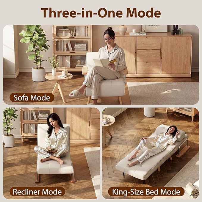 Folding Chair Bed, convertible chair to bed，3-in-1 Convertible Sleeper Chair Bed, Futon Chair with 6-Level Adjustable Backrest for Guest Room, Apartment, Dormitory, Home Office Cream Beige