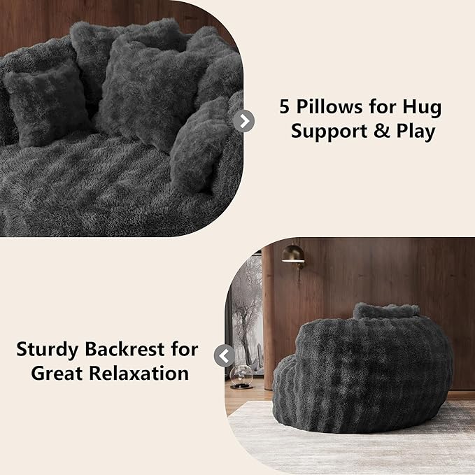 Oversized Chaise Lounge Chair Indoor with Ottoman 55" W x 75" L Round Reading Chair Plush Faux Fur Corduroy Cloud Circle Boneless Chair with 5 Pillows for Living Room - Grey
