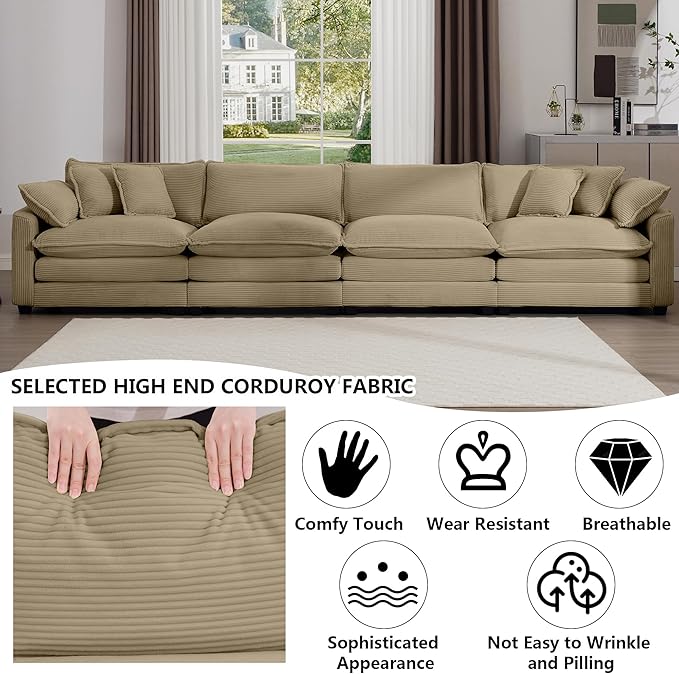 Aoowow Corduroy 4 Seater Sofa Couch,Modern Large Cloud Couches for Living Room,Tufted Modular Sectional Cloud Sofas with Deep Seat,Oversized 4 Seat Sofa Set. (Tan, 4 Seater)
