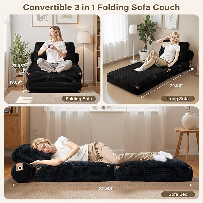 75''Foldable Sofa Bed,Black Convertible Folding Sleeper Chair Bed,Foldable Single Sofa Foam Filling Couch with Pillow, Comfy Corduroy Lazy Floor Sofa for Small Room Living Room Bedroom Apartment