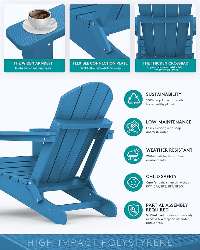 SERWALL Folding Adirondack Chair Set of 6 for Patio Garden Outdoors Fire Pit- Sapphire