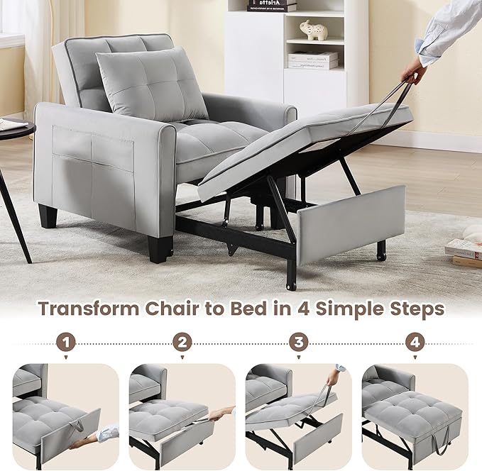choairy Convertible Sleeper Chair, 3 in 1 Sleeper Chair Bed Pull Out Sofa Bed Chairs, Velvet Single Sofa Beds with Adjustable Backrest for Adults Reading Living Room, Bedroom, Light Grey