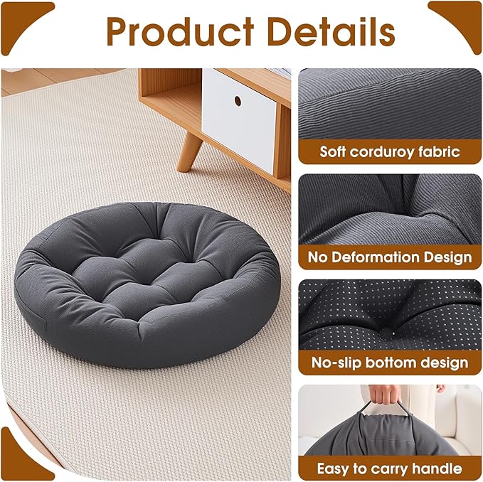 2Pcs Floor Pillows for Adults, 22x22x6 Inch Meditation Cushions, Large Round Sitting Cushion Living Room Memory Foam Pillow for Sitting (2, Grey, 22x22x6 Inch)