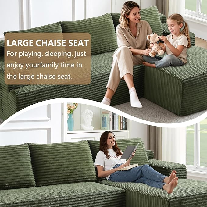96.1" Modular Sectional Sofa Couches L-Shape Couch 3 Seat Modular Sofa Corduroy Memory Foam Sectional Boneless Couches for Living Room, Cloud Couch with Oversized Chaise(Green, Right Facing)