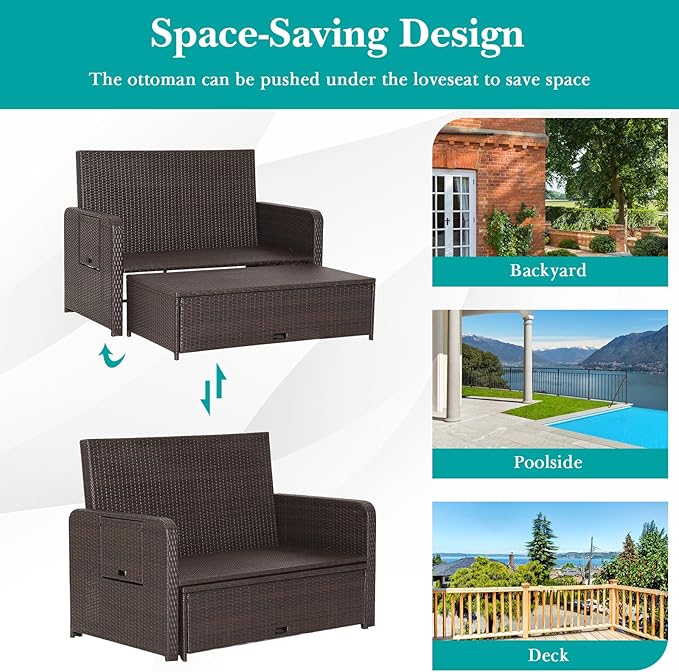 RELAX4LIFE Wicker Patio Outdoor Daybed - Rattan Day Bed Lounger with Loveseat & Storage Ottoman, Sunbed Sofa Set w/Cushions, 4-Level Adjustable Backrest & 2 Retractable Trays, Patio Daybed (Turquoise)