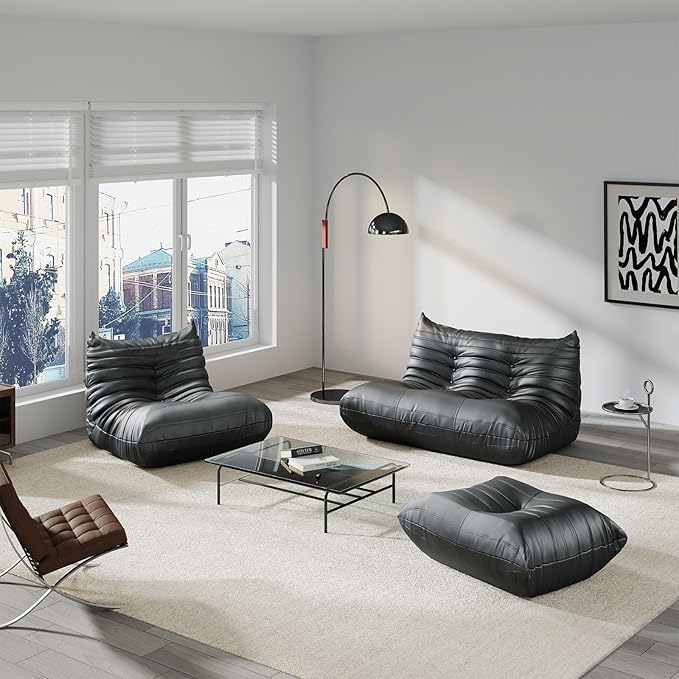 Comfy Lazy Floor Sofa Couch,Soft Armless Chair,Faux Leather Lounge Chair,Corner Relax Sofa Couch for Living Room Bedroom,Salon Office,Adults((Black+2P+1P+ Ottoman)