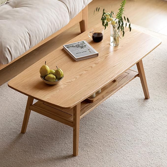QKFF Modern Solid Wood Coffee Table, 2-Tier Small Wooden Coffee Table with Storage Shelf for Living Room, Apartment, Office, Natural (40''D x 20''W x 18''H)