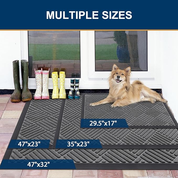 Smiry Front Door Mat Outside Entrance, Heavy Duty Outdoor Indoor Natural Rubber Doormat, Non Slip, Trap Dirt and Moisture, Easy Clean, Low Profile Patio Porch Entryway Mat, 59x35, Grey