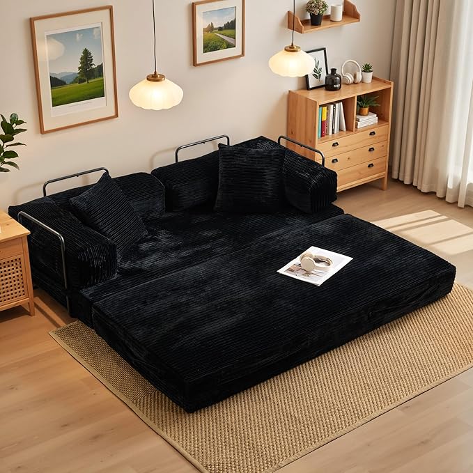 4-in-1 Folding Sofa Bed, 78" Oversized Corduroy Sleeper Chair, Convertible Loveseat to Floor Bed with Storage Pockets, Boneless Design for Living Room, Bedroom & Small Spaces