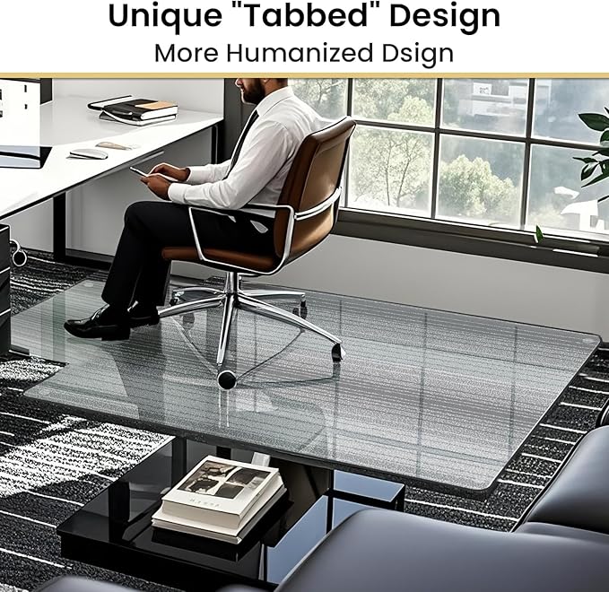 VSARHouse Irregular Tempered Glass Office Chair Mat with Lip, 53"x45" Glass Floor Mat for Carpets or Hard Floors, with Tabbed and Non-Slip Pads, Effortless Rolling, Thick 0.2"