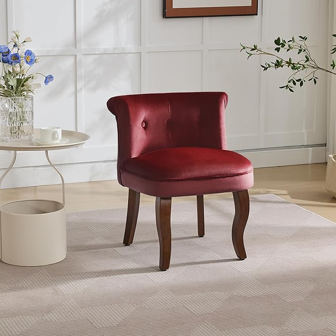 WUTUTUEE Velvet Vanity Chair with Solid Wood Legs, Tufted Upholstered Vanity Stool with Back, Mid Century Small Makeup Accent Chair for Bedroom, Living Room, Burgundy