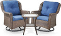 ACTREST 3 Piece Patio Swivel Chairs and Side Table Set - High Back Outdoor Brown Wicker Rattan Rocking Glider with Thick Cushions for Porch Apartment Deck Yard Poolside Garden - Navy Blue