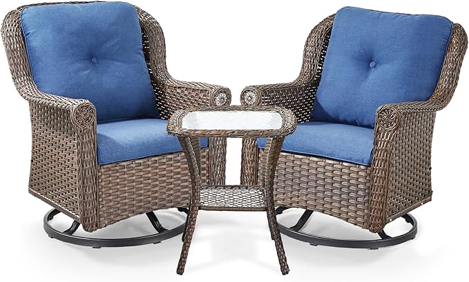 ACTREST 3 Piece Patio Swivel Chairs and Side Table Set - High Back Outdoor Brown Wicker Rattan Rocking Glider with Thick Cushions for Porch Apartment Deck Yard Poolside Garden - Navy Blue