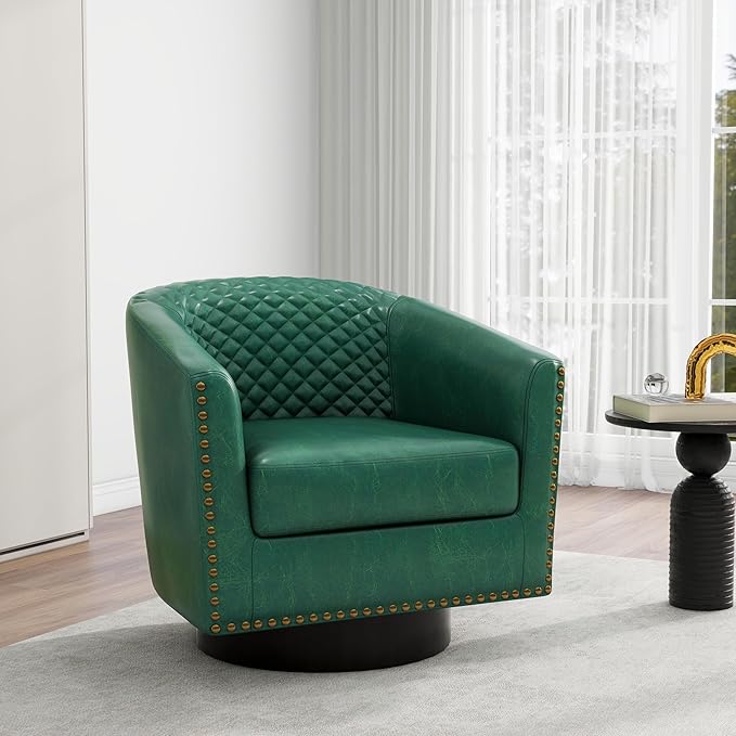 DREAMSIDEA Swivel Barrel Accent Chair, Comfy Modern Upholstered Round Faux Leather Arm Chair for Living Room, Bedroom（Green, Set of 1