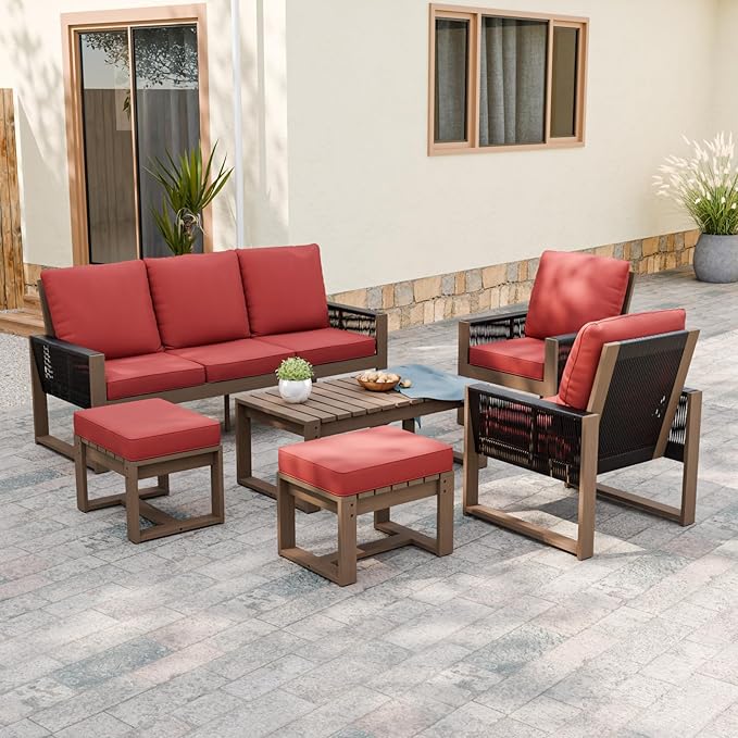 INTER HUT Rustic Hideaway Natural Cedar Wood Outdoor Furniture Set, Wicker Patio Conversation Set for Porch Garden Backyard, Couch, 2 Patio Chairs, Coffee Table and 2 Ottomans, 6 Piece, Brownish/Red