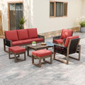 INTER HUT Rustic Hideaway Natural Cedar Wood Outdoor Furniture Set, Wicker Patio Conversation Set for Porch Garden Backyard, Couch, 2 Patio Chairs, Coffee Table and 2 Ottomans, 6 Piece, Brownish/Red