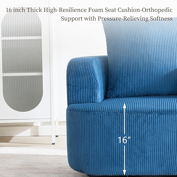 Furnimart 360° Swivel Boneless Chair, Round Corduroy Barrel Accent Chair Upholstered Comfy Lounge Chair, No Assembly Wide Seat for Living Room, Bedroom, Apartment (Blue)