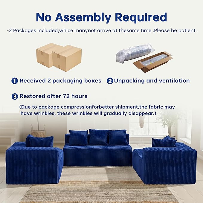 130" Boneless Couch, Cloud Couch Sectional, Corduroy Sofa for Living Room, U Shaped Modular Sofa with Chaise, No Assembly, 4 Seats Oversized (Blue)