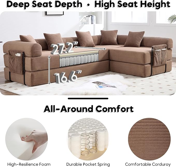 L Shape Convertible Sofa Bed with Cylindrical Pillow and Storage Pocket, Convertible Sofa Couch Bed with Support Frame for Living Room Bedroom Children Room-Brown
