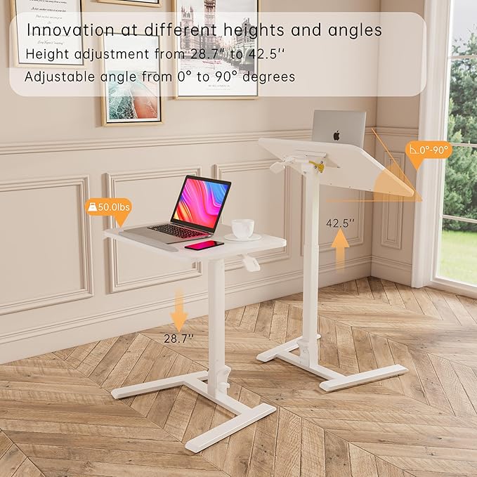 Mobile Folding Desk 25 Inch - No Assembly Sit-Stand Desk,Height Adjustable Rolling Laptop Desk, Space-Saving Portable Desk with Wheels for Home Office Craft & Study, White