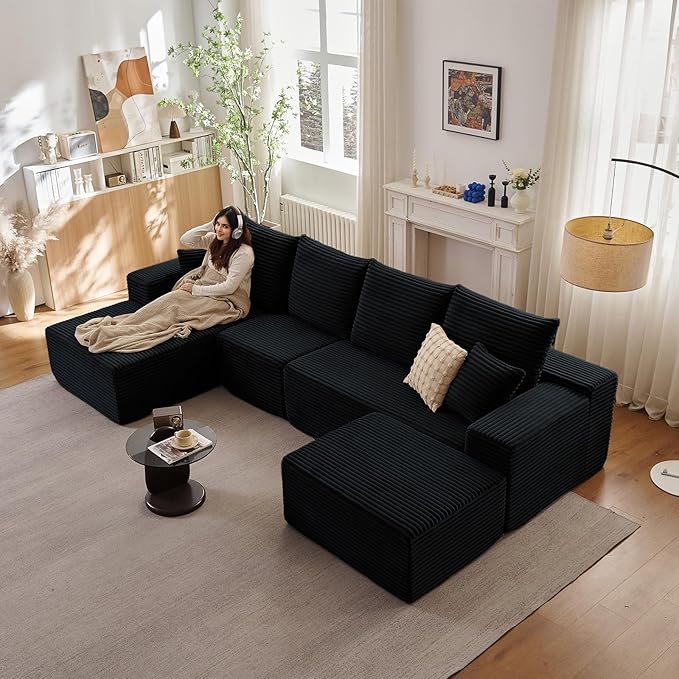 135.4" Cloud Sectional Couch with Ottoman,Modern U-Shaped Cloud Couch with Deep Seat,Comfy Corduroy 4-Seater Sofa,Memory Foam Sofa for Living Room,No Assembly(Black,Left-Facing Chaise)