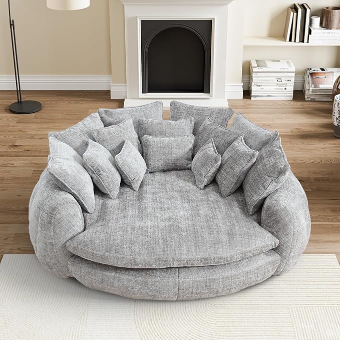 81" Oversized Bean Bag Chair Boneless Round Chaise Lounge Comfy Chenille Reading Chair Fluffy Plush Sofa Bed Large Deep Seat Circle Cloud Couch for Living Room, Bedroom, Apartment, Light Gray