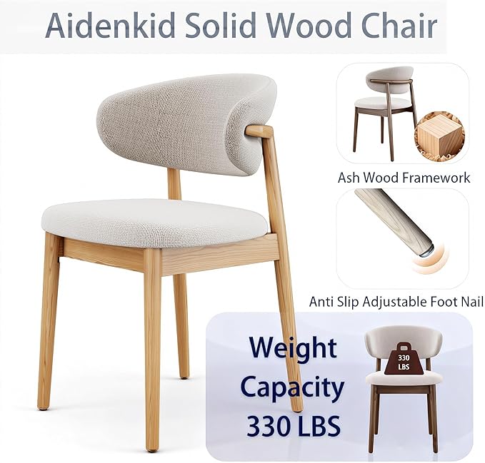 Set of 2 Solid Ash Wood Dining Chairs, Upgraded Reinforced Zero-Wobble Frame, Mid-Century Modern Side Chairs with Ergonomic Curved Backrest & Adjustable Floor Protectors (K-Oak, Set of 2)
