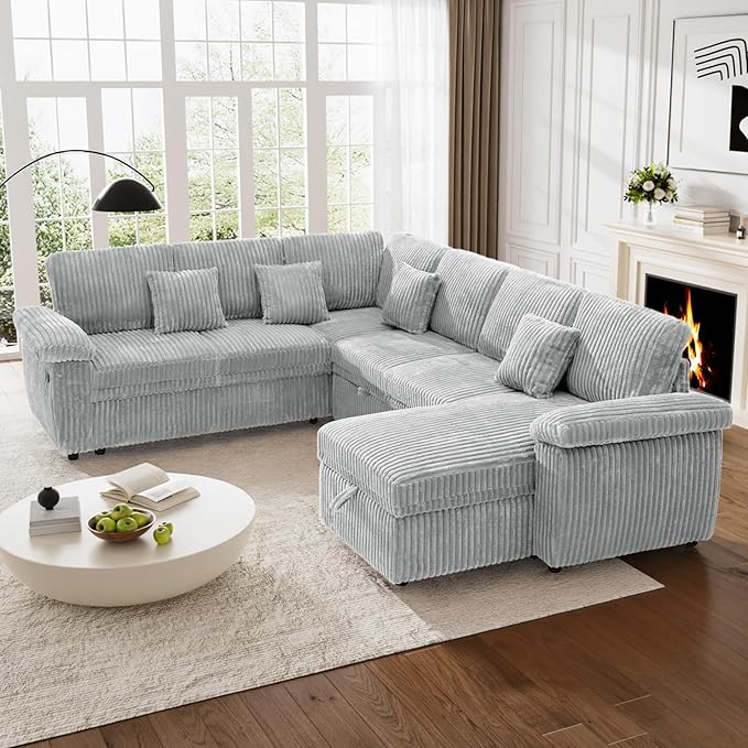 Modular Sectional Sleeper Sofa with Pull Out Bed, Storage Chaise & USB Charging, U Shaped Plush Corduroy Sectional Couches for Living Room, Comfy Convertible 7 Seat Cloud Sofa Bed, Light Grey