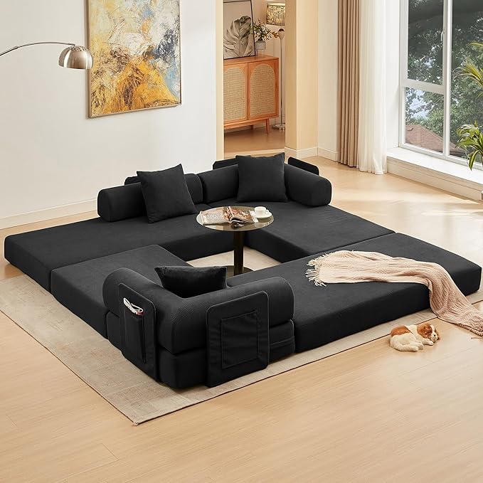 L Shaped Convertible Modular Sofa Bed with Cylindrical Pillow & Reversible Chaise, Corduroy Folding Floor Sofa Couch Bed with Fixed-Shape Frame & Storage Pocket for Living Room, Black