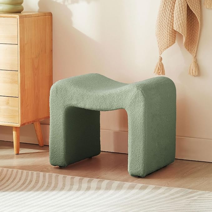 Vanity Stool Foot Rest Small Footstool Ottoman Chair Seating Backless Modern Teddy Velvet Ottoman for Makeup Room Living Room Bedroom Entryway,(Single 1) Green