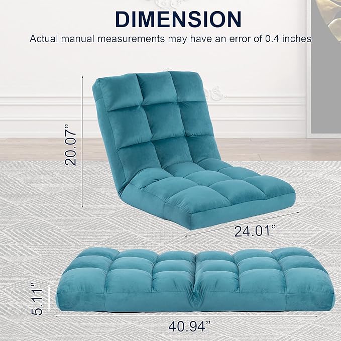 HOMYEDAMIC Floor Chair, 24 inches Wide Oversized Velvet Armless Lay Flat Floor seat Padded Meditation Chair with 6 Adjustable Position Ergonomic Comfortable Convenient(LRSF-010-BLUE)