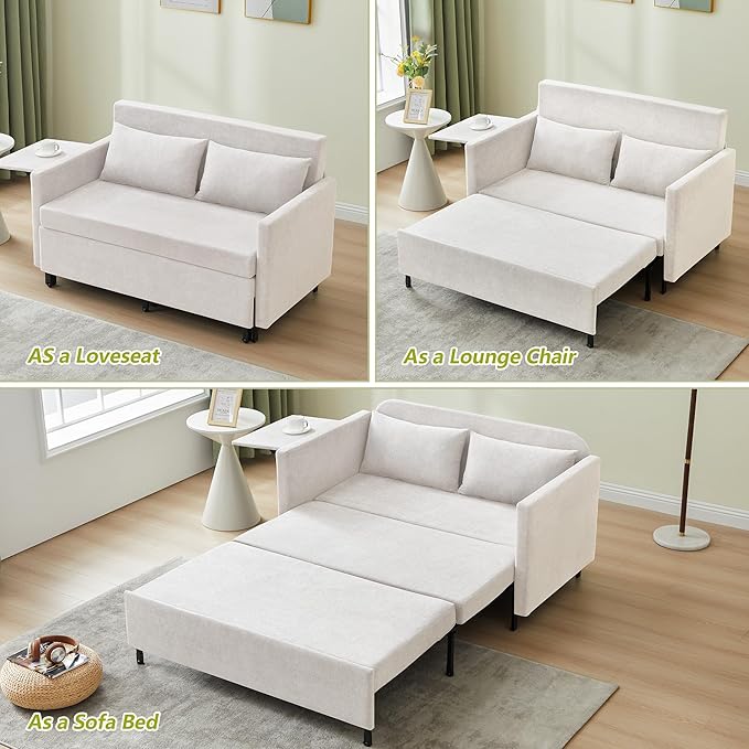 QHITTY Pull Out Couch Bed, 2-in-1 Sleeper Sofa Small Loveseat Bed with Hidden Side Table and Iron Frame for Living Room, Small Space, Apartment (White)