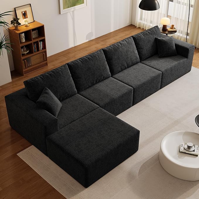 139" Boneless Cloud Sectional Couch for Living Room, Compressed Modular L-Shaped Sofa with Deep Seat, Frameless Corduroy Couch in Boxes, No Assembly Required 4-Seater (Left-Facing Chaise, Black)