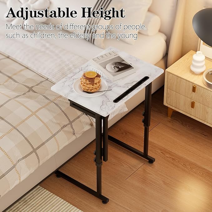 Katrawu Adjustable Height Tv Tray Table,Portable Folding Tv Dinner Snack Table,Small Foldable C-Shaped End Table for Eating,Slide Under Couch Side with Sturdy MDF Top,No Assembly(White Marble+Black)