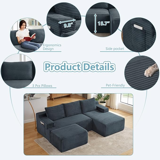 96" W Cloud Sectional Couch with Ottoman,Modern U-Shaped Cloud Couch with Side Pockets,Comfy Corduroy 3-Seater Sofa,Memory Foam Sofa for Living Room,No Assembly (Dark Grey,Right-Facing Chaise)