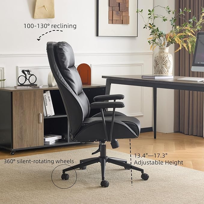 VINGLI Executive Ergonomic Office Chair with 100-130° Reclining, High-Back Desk Chair with Adjustable Base & Headrest Support & Wheels, Comfy Gaming Chair for Computer, Home Office, Pu-Leather, Black