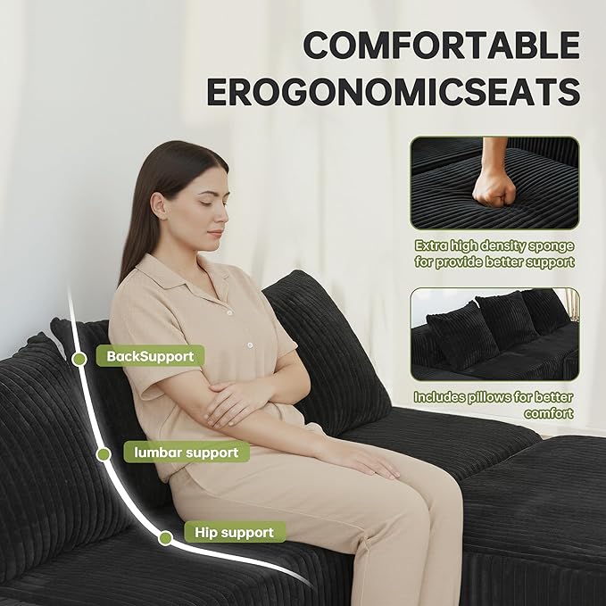 130" Boneless Couch, Cloud Couch Sectional, Corduroy Sofa for Living Room, U Shaped Modular Sofa with Chaise, No Assembly, 4 Seats Oversized (Black)