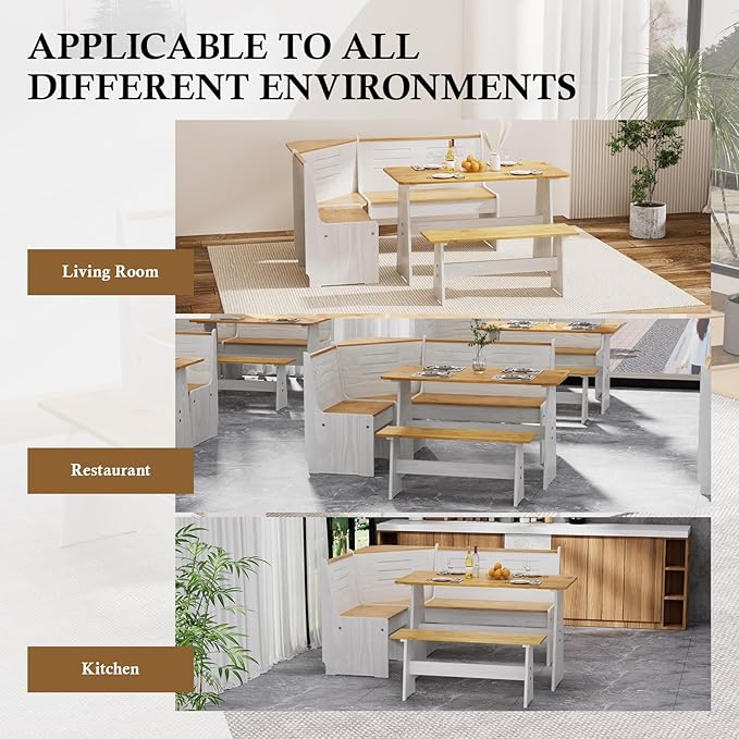 Breakfast Nook Dining Table Set – L-Shaped Kitchen Nook Booth with Bench Seating, Farmhouse Corner Dining Table for Small Spaces, White Wood Dining Room Nook Furniture