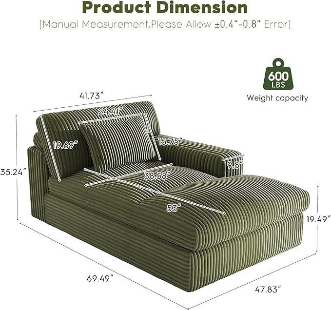 Oversized Chaise Lounge Sofa Chair Indoor，Soft Corduroy Fabric, Boneless sofawith Cushion，A Comfortable, deep-Seated Cloud Sofa for use in The Living Room.(Singler-Right-arm-Green)