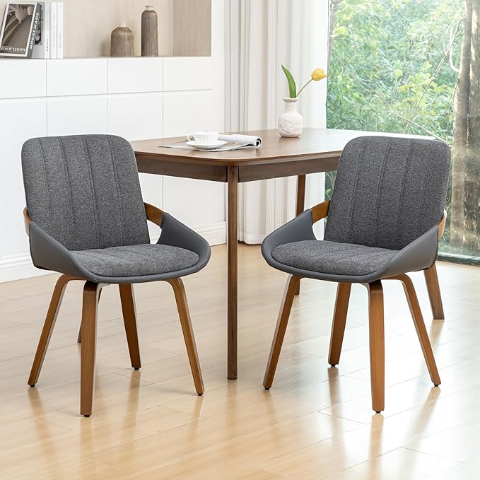 YOUUGIOR Dining Room Chairs Set of 2, Mid Century Modern Gray Fabric+Faux Leather Kitchen Chairs Armless,Bamboo Legs Side Chairs No Wheels,Accent Chair for Dining Rooms