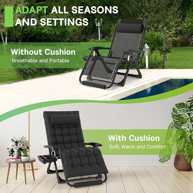ZENPETIO Oversized Zero Gravity Chair, 33In XXL Zero Gravity Recliner Lounge Chair, Anti Gravity Chair for Indoor and Outdoor, Reclining Camping Chair for Lawn and Patio w/Cushion and Footrest, 500LBS