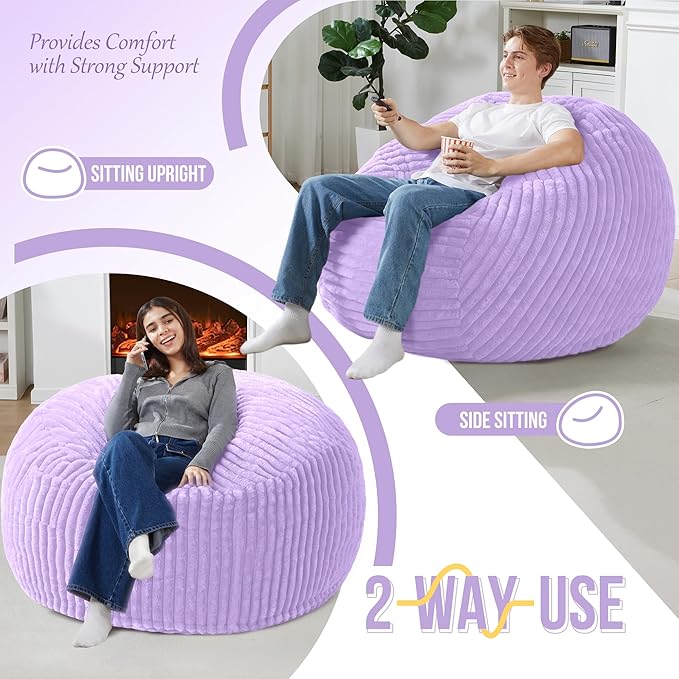 Homguava 4 FT Bean Bag Chair,4' Big Bean Bag,Large Bean Bag Chairs for Adults with Memory Foam Filled,Comfy Beanbag Chairs Soft Bean Bag Sofa with Dutch Corded Plush Cover-Purple
