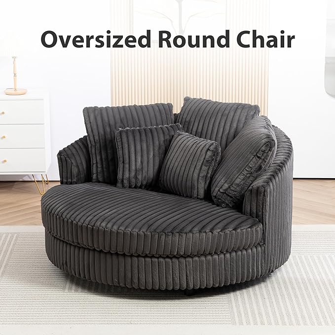 Chifee & Vingol 59.8" W Oversized Accent Round Chair Large Barrel Chair with Wheels & 5 Pillows, Faux Fur Fabric - Charcoal