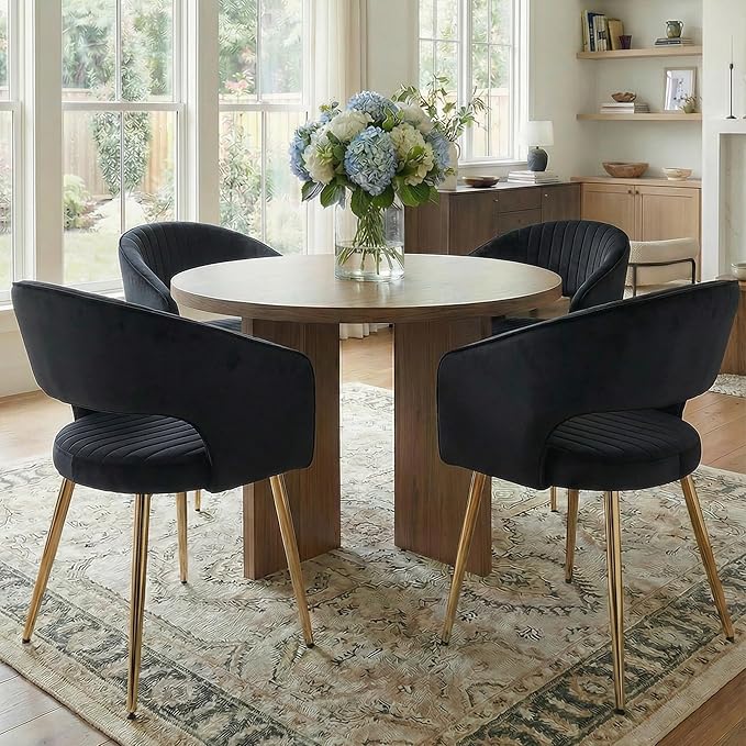 COMULER Black and Gold Velvet Dining Chairs, Modern Dining Room Chairs with Arms Set of 4 Upholstered Accent Chair Armchair with Barrel Back for Kitchen Living Room
