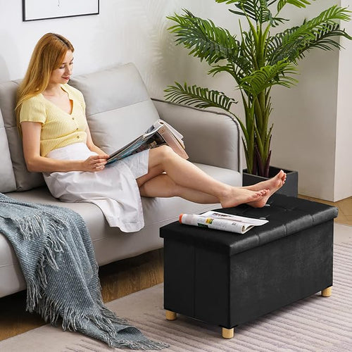 30 Inches Folding Storage Ottoman Bench, Velvet Storage Chest, Footrest Couch with Wooden Legs, Support 350lbs for Bedroom, Living Room, Hallway, Black