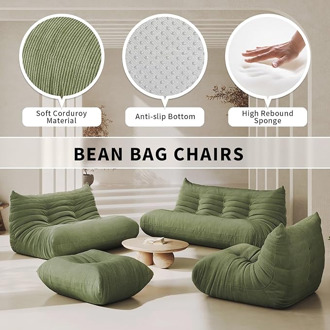 Bean Bag Chair for Adults,Armless Fireside Chair Comfy Corduroy Lazy Floor Sofa,Lounge Chair Lazy Sofa Couch Memory Foam Bean Bag for Living Room, Apartment Office,(Olive Green) 3 Seater